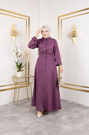 Kadın Cep Detaylı Düğmeli Bel Lastikli Mor Elbise