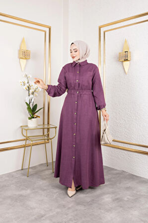 Kadın Cep Detaylı Düğmeli Bel Lastikli Mor Elbise