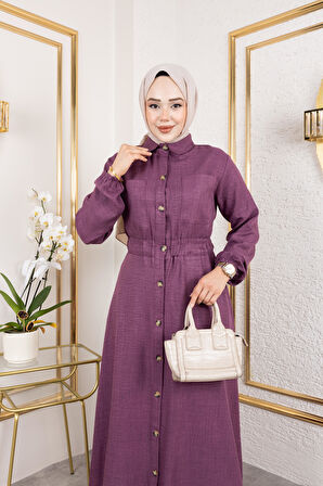 Kadın Cep Detaylı Düğmeli Bel Lastikli Mor Elbise