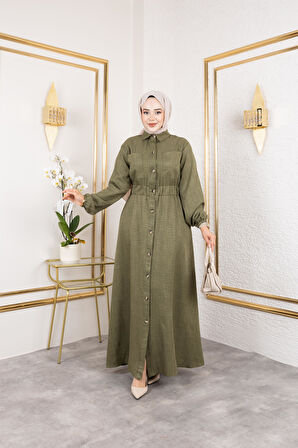 Kadın Cep Detaylı Düğmeli Bel Lastikli Haki Elbise
