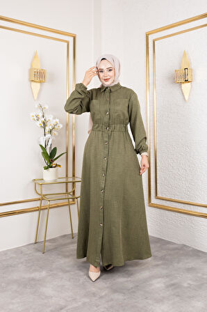 Kadın Cep Detaylı Düğmeli Bel Lastikli Haki Elbise