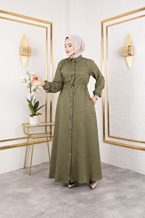 Kadın Cep Detaylı Düğmeli Bel Lastikli Haki Elbise