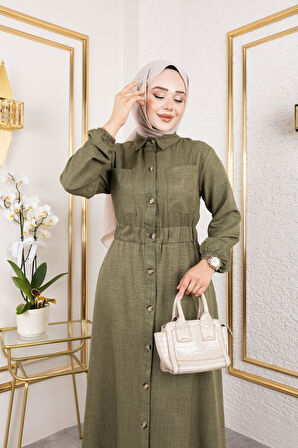 Kadın Cep Detaylı Düğmeli Bel Lastikli Haki Elbise