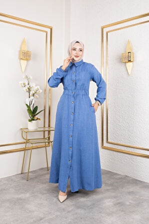 Kadın Cep Detaylı Düğmeli Bel Lastikli Mavi Elbise
