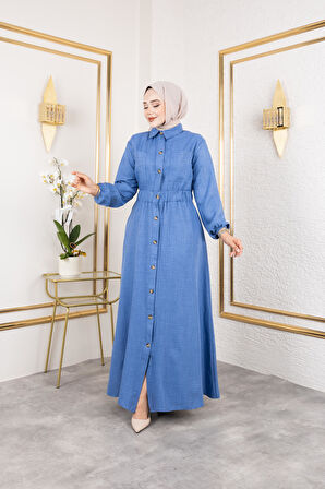 Kadın Cep Detaylı Düğmeli Bel Lastikli Mavi Elbise