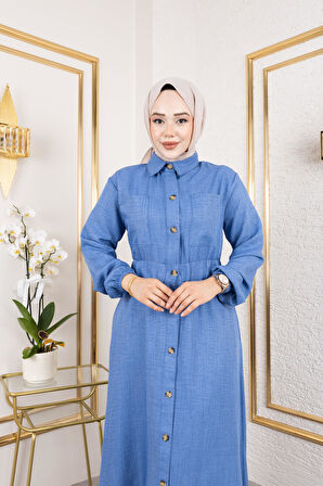 Kadın Cep Detaylı Düğmeli Bel Lastikli Mavi Elbise