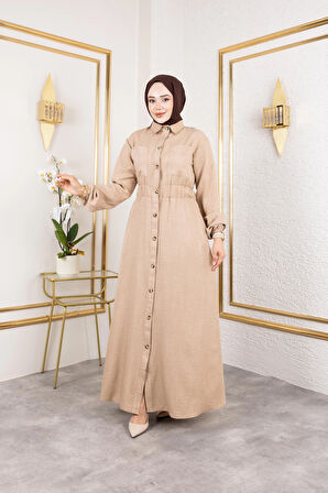 Kadın Cep Detaylı Düğmeli Bel Lastikli Bej Elbise