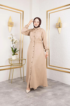 Kadın Cep Detaylı Düğmeli Bel Lastikli Bej Elbise
