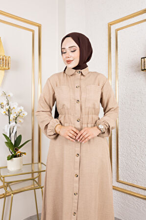 Kadın Cep Detaylı Düğmeli Bel Lastikli Bej Elbise