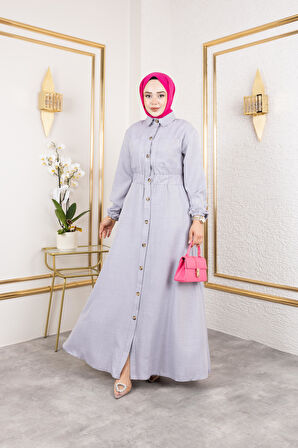 Kadın Cep Detaylı Düğmeli Bel Lastikli Gri Elbise