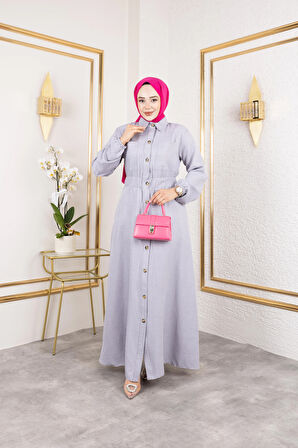 Kadın Cep Detaylı Düğmeli Bel Lastikli Gri Elbise