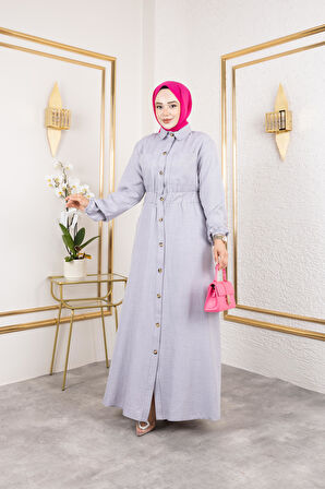 Kadın Cep Detaylı Düğmeli Bel Lastikli Gri Elbise