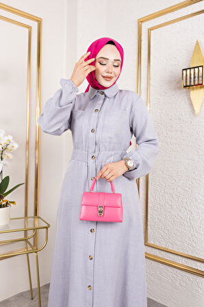 Kadın Cep Detaylı Düğmeli Bel Lastikli Gri Elbise