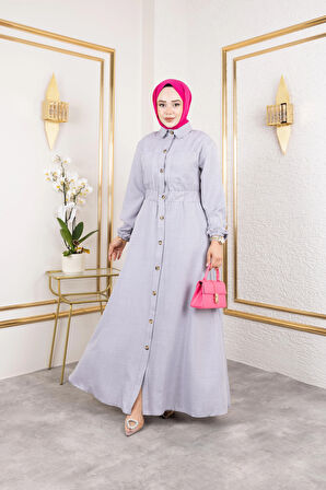 Kadın Cep Detaylı Düğmeli Bel Lastikli Gri Elbise