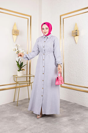 Kadın Cep Detaylı Düğmeli Bel Lastikli Gri Elbise