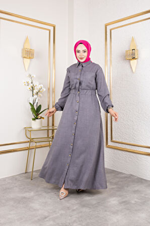 Kadın Cep Detaylı Düğmeli Bel Lastikli Gri Elbise