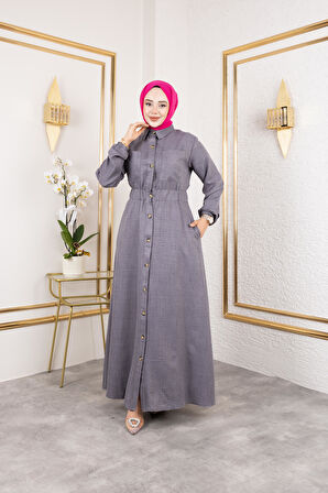 Kadın Cep Detaylı Düğmeli Bel Lastikli Gri Elbise