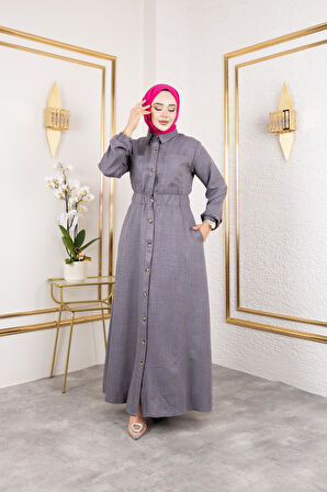 Kadın Cep Detaylı Düğmeli Bel Lastikli Gri Elbise