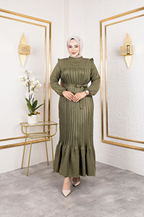 Kadın Fırfır Detaylı Kuşaklı Haki Keten Elbise