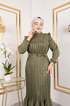 Kadın Fırfır Detaylı Kuşaklı Haki Keten Elbise