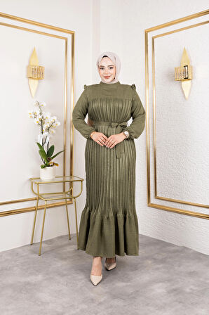 Kadın Fırfır Detaylı Kuşaklı Haki Keten Elbise