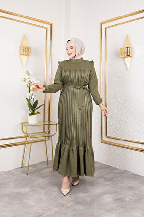 Kadın Fırfır Detaylı Kuşaklı Haki Keten Elbise