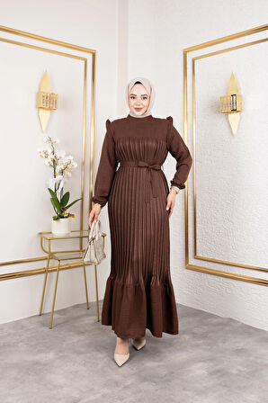 Kadın Fırfır Detaylı Kuşaklı Kahverengi Keten Elbise
