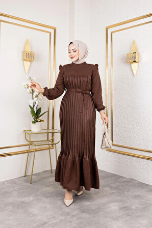 Kadın Fırfır Detaylı Kuşaklı Kahverengi Keten Elbise