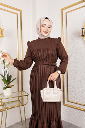 Kadın Fırfır Detaylı Kuşaklı Kahverengi Keten Elbise