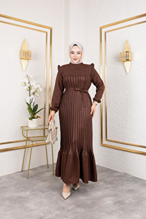 Kadın Fırfır Detaylı Kuşaklı Kahverengi Keten Elbise