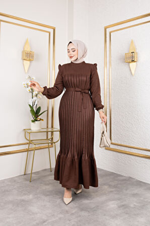 Kadın Fırfır Detaylı Kuşaklı Kahverengi Keten Elbise