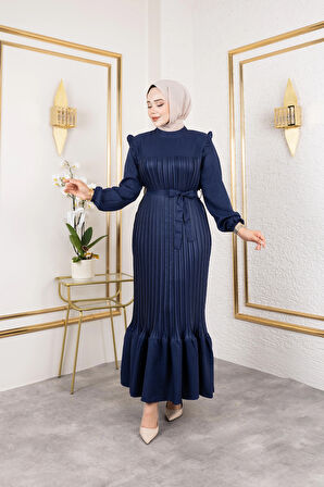 Kadın Fırfır Detaylı Kuşaklı Lacivert Keten Elbise