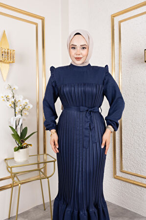 Kadın Fırfır Detaylı Kuşaklı Lacivert Keten Elbise