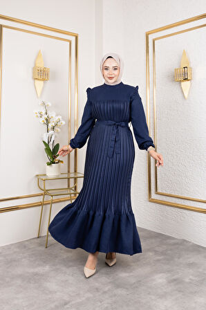 Kadın Fırfır Detaylı Kuşaklı Lacivert Keten Elbise