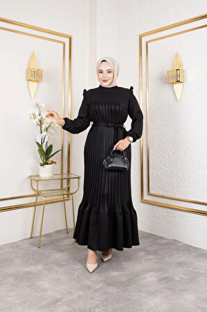 Kadın Fırfır Detaylı Kuşaklı Siyah Keten Elbise