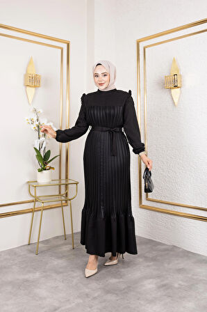 Kadın Fırfır Detaylı Kuşaklı Siyah Keten Elbise