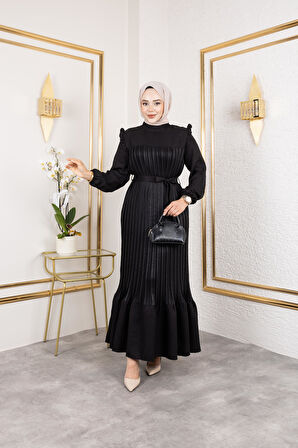 Kadın Fırfır Detaylı Kuşaklı Siyah Keten Elbise