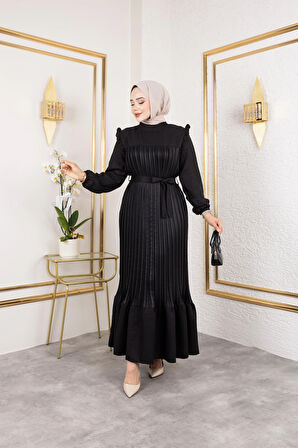 Kadın Fırfır Detaylı Kuşaklı Siyah Keten Elbise