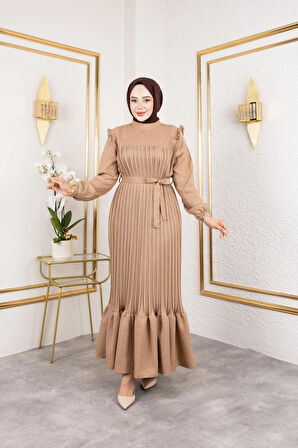 Kadın Fırfır Detaylı Kuşaklı Bej Keten Elbise