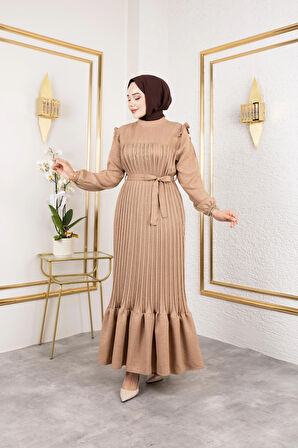 Kadın Fırfır Detaylı Kuşaklı Bej Keten Elbise