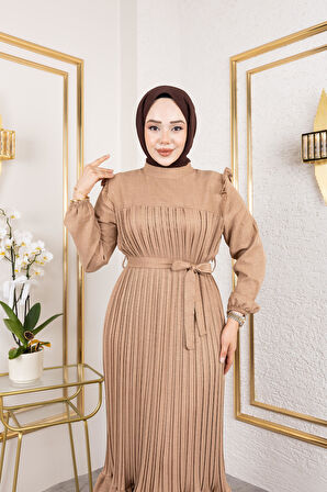 Kadın Fırfır Detaylı Kuşaklı Bej Keten Elbise