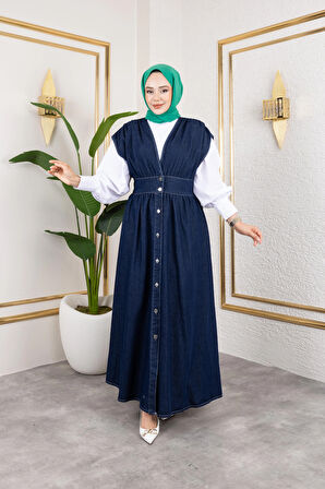 Kadın V Yaka Düğmeli Lacivert Kot Jile