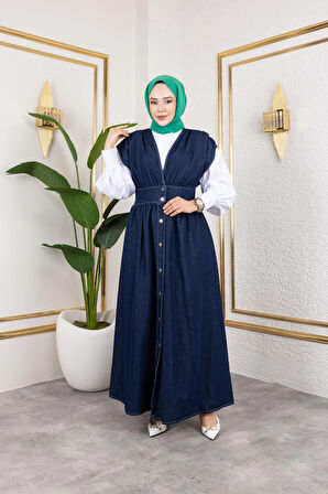 Kadın V Yaka Düğmeli Lacivert Kot Jile