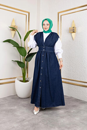 Kadın V Yaka Düğmeli Lacivert Kot Jile