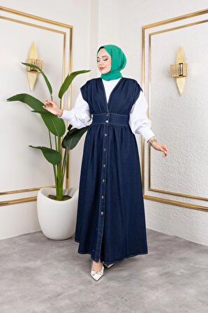 Kadın V Yaka Düğmeli Lacivert Kot Jile