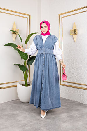 Kadın V Yaka Düğmeli Mavi Kot Jile