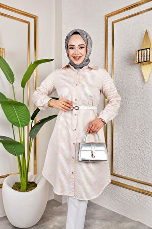 Kemerli Çizgili Keten Gömlek