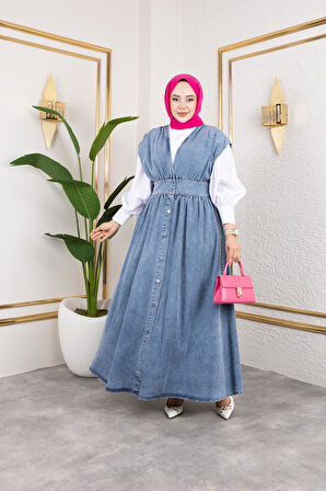 Kadın V Yaka Düğmeli Mavi Kot Jile