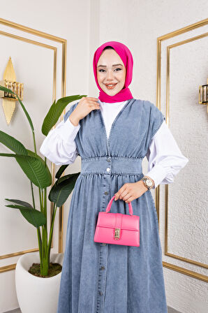 Kadın V Yaka Düğmeli Mavi Kot Jile