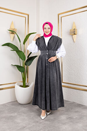 Kadın V Yaka Düğmeli Siyah Kot Jile